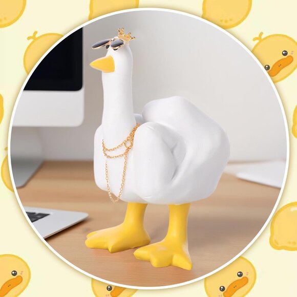 Funny Resin Duck Statue with Crown and Glasses White Yellow Desk Office Decor - Picture 5 of 6